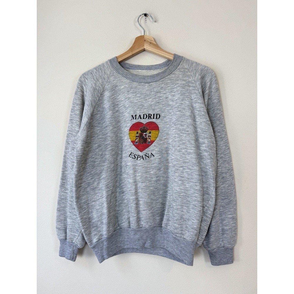 Vintage 80's Madrid Espana Spain Heart Flag Gray Sweatshirt - Medium